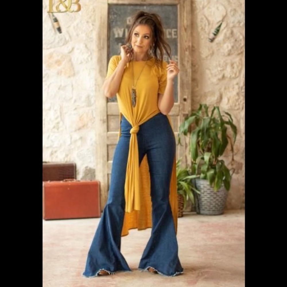 2 mustard yellow hi-low blouses